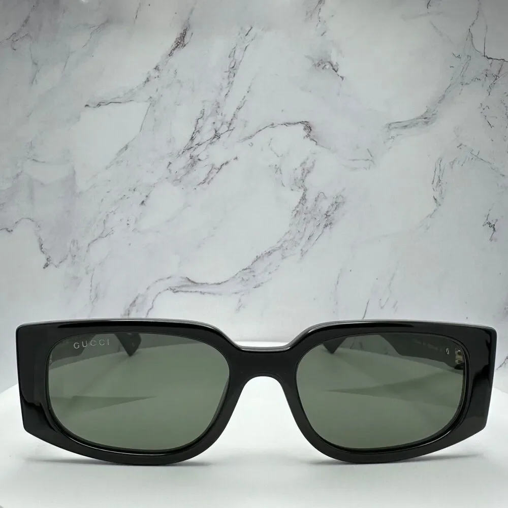 New Gucci Sunglasses Black Square Rectangular Gold Interlocking GG Metal Logo
